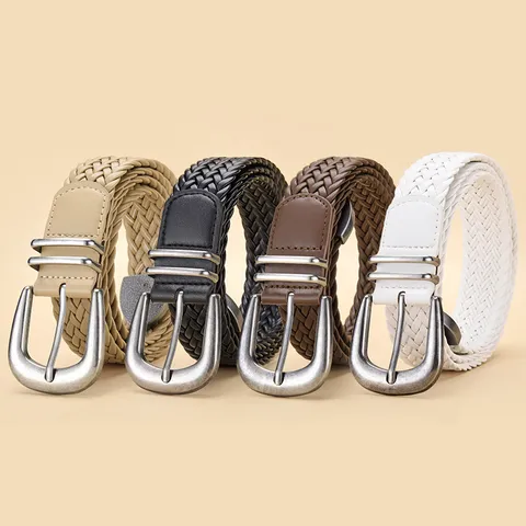 Vintage Unisex PU Leather Woven Belt With Metal Pin Buckle Casual Braided Waistband No-Punch Adjustable Belt For Men Women
