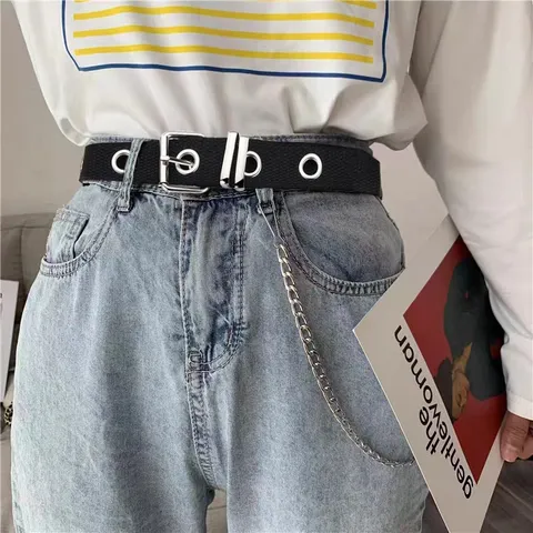 Cinturón Punk Hip Hop para Mujer de Tela Tejida Con Ojetes Moda Cinturón Ajustable Con Cadena de Metal Accesorio Streetwear