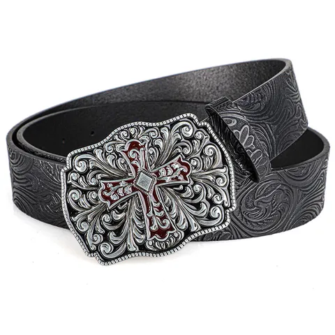 Vintage Embossed Phoenix Tail Pattern Belt For Men Women Retro Cross Carved Buckle Punk Street Hip Hop Decorative Waist Strap