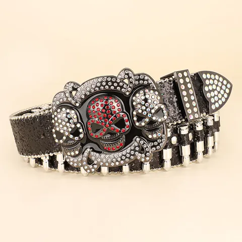 Punk Skull Rhinestone Belt Heavy Duty Sequin PU Leather Waist Belt With Bullet Rivet Hip Hop Gothic Cowboy Belt For Men Women