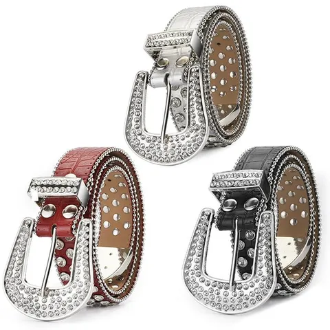 Punk Unisex Rhinestone Studded Belt Faux Crocodile Leather Western Cowboy Wide Waist Belt With Large Buckle