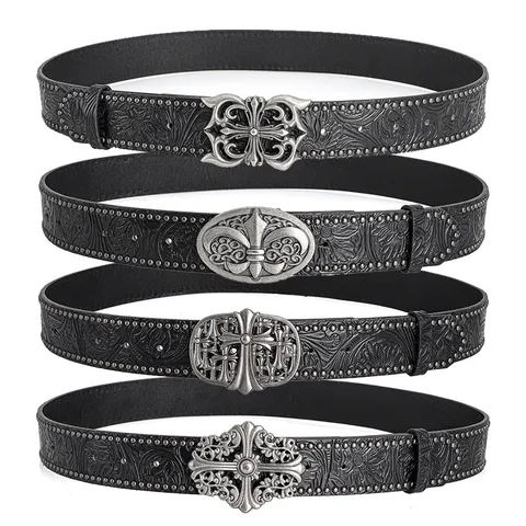 Vintage Western Cowboy PU Leather Belt Women Metal Flower Buckle Rivet Studded Punk Casual Waist Belt