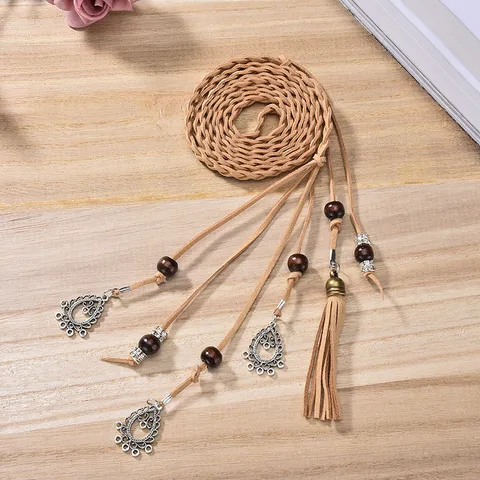 Womens Braided PU Leather Belt Ethnic Style Tassel Pendant Decorative Waist Chain Casual Fashion Dress Waistband