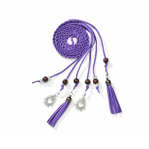 Womens Braided PU Leather Belt Ethnic Style Tassel Pendant Decorative Waist Chain Casual Fashion Dress Waistband
