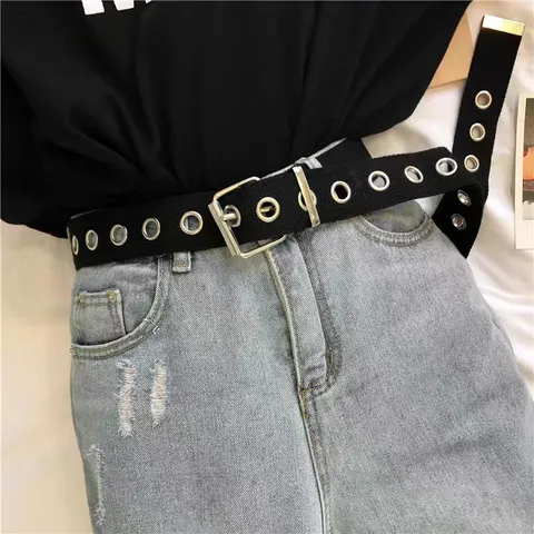 Cinturón Punk Hip Hop para Mujer de Tela Tejida Con Ojetes Moda Cinturón Ajustable Con Cadena de Metal Accesorio Streetwear
