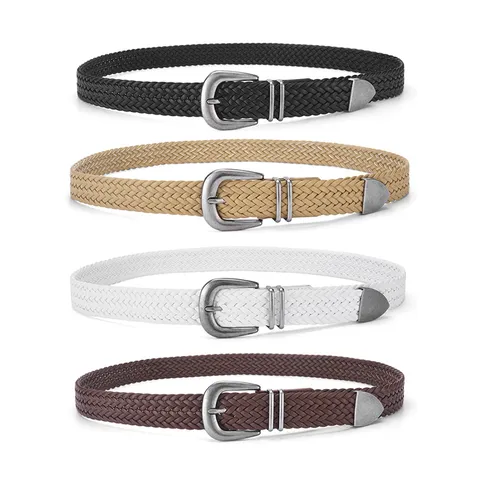 Vintage Unisex PU Leather Woven Belt With Metal Pin Buckle Casual Braided Waistband No-Punch Adjustable Belt For Men Women