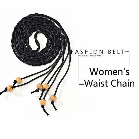 Women Minimalist Braided Slim Belt Fashion Microfiber Woven Waist Chain With Wood Beads For Dresses Ladies Decorative Belt