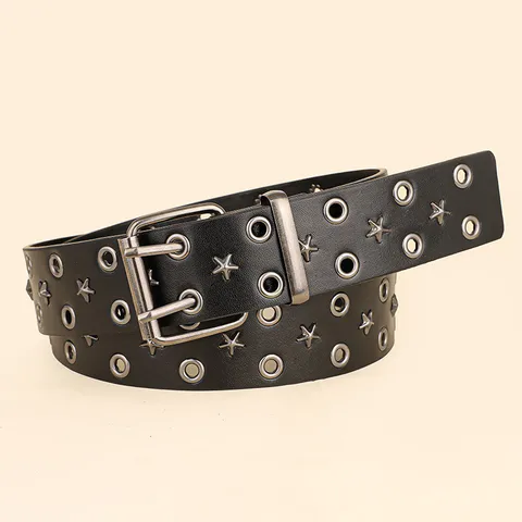 Punk Style Double Pin Double Row Eyelet PU Leather Belt Unisex Five Pointed Star Rivet Jeans Belt Fashion Accessories