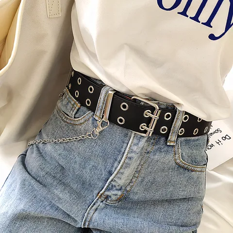 Women Fashion Punk Style PU Leather Belt Double Grommet Waistband With Metal Chain Casual Jeans Dress Pants Belt