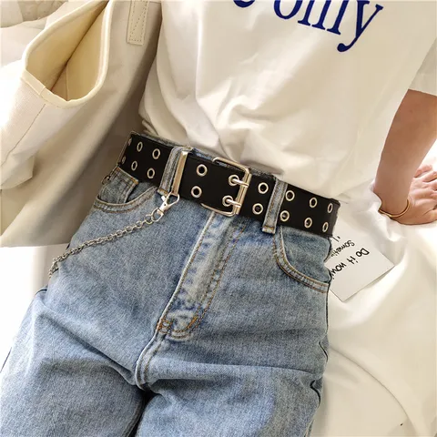 Women Fashion Punk Style PU Leather Belt Double Grommet Waistband With Metal Chain Casual Jeans Dress Pants Belt