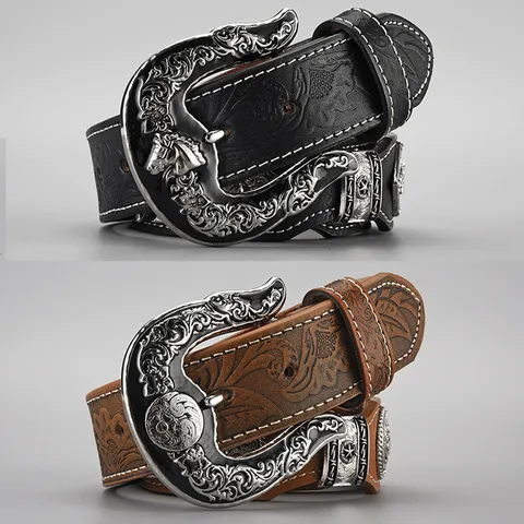 Vintage Retro PU Leather Belt For Women Men Metal Carved Pin Buckle Waistband Casual Jeans Fashion Waist Belt