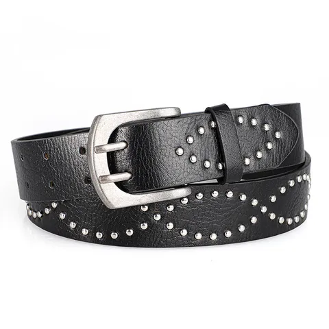 Vintage Streetwear PU Leather Belt For Women Men Geometric Rivet Decoration Double Prong Buckle Punk Rock Style Waist Belt