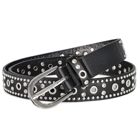 Women's Fashion Faux Leather Rhinestone Studded Belt Punk Casual Metal Pin Buckle Waist Belt For Pants