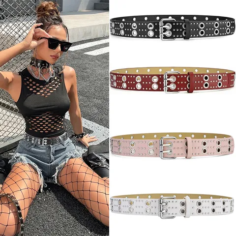 Unisex Punk Street Style PU Leather Belt Double Prong Buckle Metal Rivets Eyelets Waist Belt For Jeans Fashion Accessories