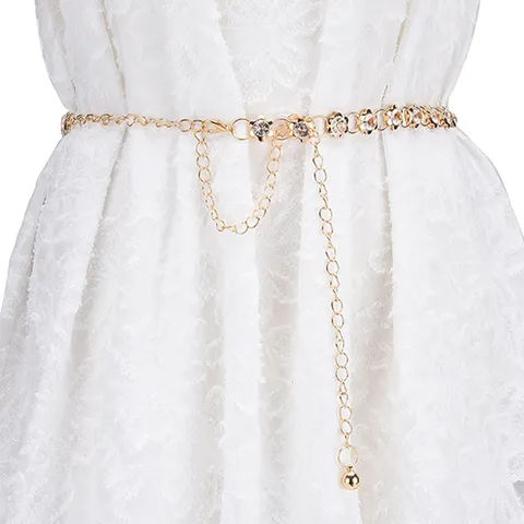 Fashion Metal Waist Chain Belt For Women Rhinestone Flower Inlaid Dress Coat Decorative Belt Chain Gold Silver Body Jewelry