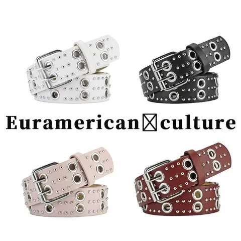 Unisex Punk Street Style PU Leather Belt Double Prong Buckle Metal Rivets Eyelets Waist Belt For Jeans Fashion Accessories