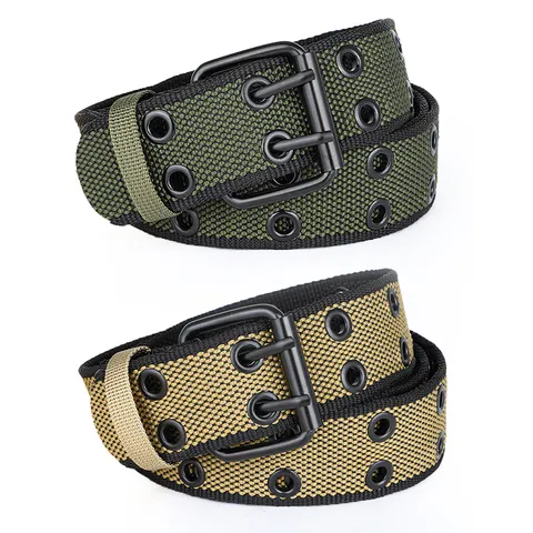 Unisex Casual Canvas Belt Double-Row Eyelets Double-Pin Buckle Vintage Jeans Pants Belt