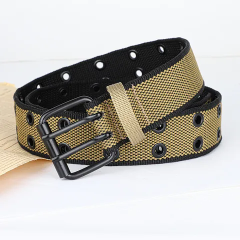 Unisex Casual Canvas Belt Double-Row Eyelets Double-Pin Buckle Vintage Jeans Pants Belt