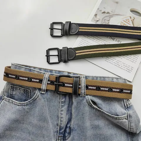 Herren Verdickter Leinengürtel Mit Legierung Dornschließe 16-Loch Gestreifter Webgürtel Verstellbarer Lässiger Retro-Taillengürtel Für Jeans Jugend Studenten
