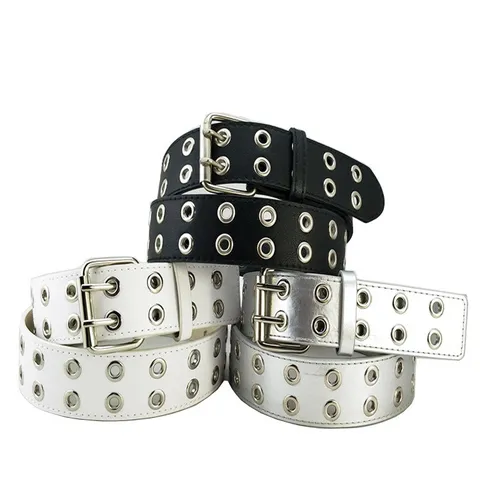 Cinturón de Estilo Punk con Doble Ojal Cuero PU Hebilla de Metal con Pin Remache Cinturón de Pantalón Casual Para Mujeres Hombres Accesorios de Moda