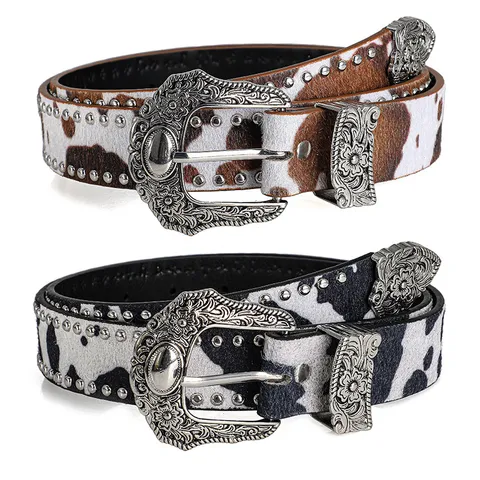 Women Punk Style PU Leather Leopard Print Belt Rhinestone Metal Buckle Rivet Adjustable Waist Belt For Jeans
