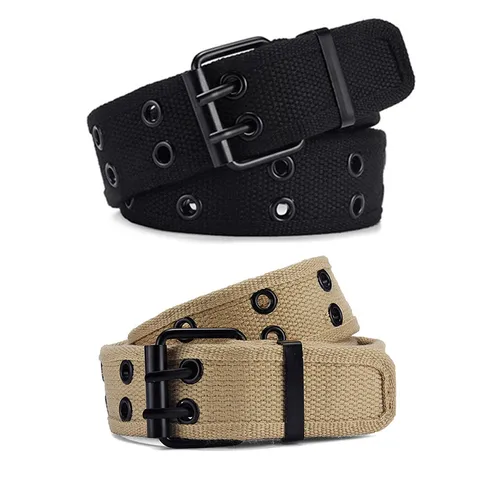 Unisex Canvas Belt Double Row Metal Eyelets Pin Buckle Casual Workwear Pants Belt Men Women Fashion Accessories