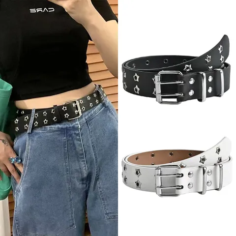 Cintura Punk con Occhielli a Stella a Doppia Fila da Donna in Pelle PU Cintura a Vita Vuota Moda Streetwear Stile Hip Hop