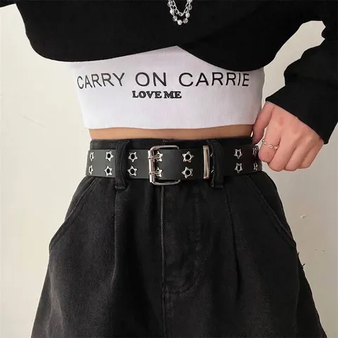 Cintura Punk con Occhielli a Stella a Doppia Fila da Donna in Pelle PU Cintura a Vita Vuota Moda Streetwear Stile Hip Hop