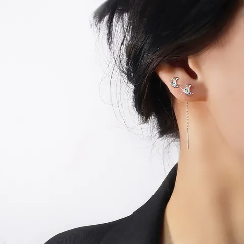 Colorful Zirconia Moon Ear Threaders For Women Copper Rhodium Plated Crescent Ear Line Long Chain Drop Earrings Jewelry Gift