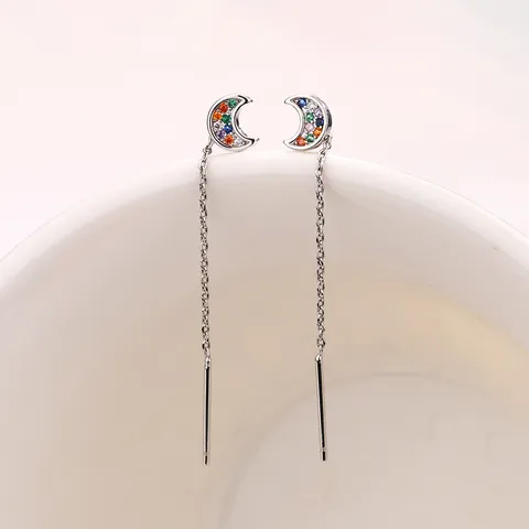 Colorful Zirconia Moon Ear Threaders For Women Copper Rhodium Plated Crescent Ear Line Long Chain Drop Earrings Jewelry Gift
