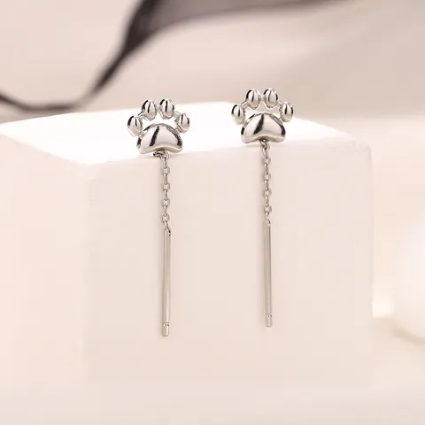Boucles d'Oreilles Chaîne de Patte de Chat Style Japonais Kawaii Empreinte d'Animal en Cuivre Plaqué Platine pour Femmes Bijoux