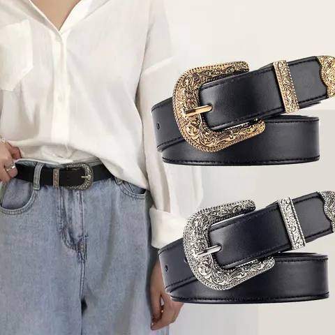 Women Western Vintage PU Leather Belt Engraved Metal Pin Buckle Waist Strap For Dress Decoration Fashion Accessories