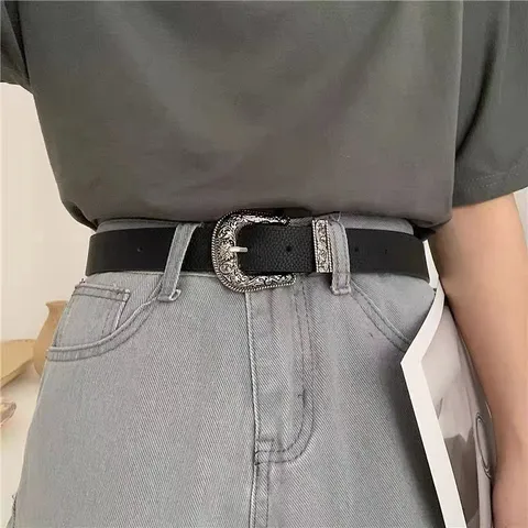 Women Western Vintage PU Leather Belt Engraved Metal Pin Buckle Waist Strap For Dress Decoration Fashion Accessories