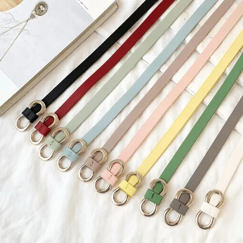 Women Skinny Belt Infinity Metal Buckle Adjustable PU Leather Waist Strap Thin Dress Belt Macaron Color Slimming Accessory