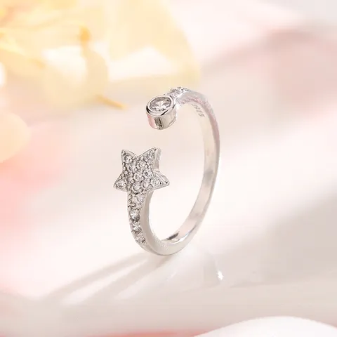 Luxe Koper Zirconia Vijfpuntige Ster Open Ring Voor Vrouwen Koreaanse Stijl Elegante Verstelbare Vingerring Sieraden Cadeau