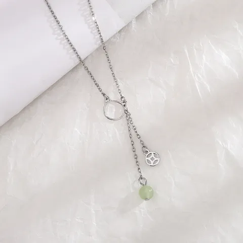 Collana Minimalista in Rame con Ciondolo a Gatto per Donna Giada Verde Artificiale Moneta della Fortuna Nappa Catena a Clavicola Gioielli in Stile Cinese