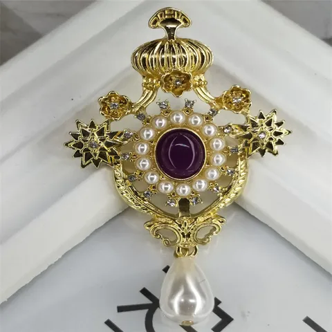 Broche de Corona Barroca Vintage de Aleación Con Gema Púrpura y Perla Artificial Gota Diamantes de Imitación Joyería Para Mujer
