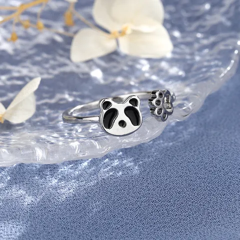 Cute Panda Paw Print Open Adjustable Ring For Women Copper Drip Glue Silver Color Chinese Style Creative Animal Finger Ring Jewelry
