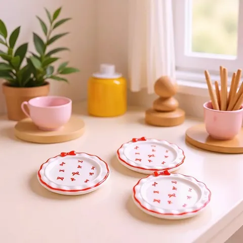 Mini Assiettes en Résine à Pois avec Nœud Maison de Poupée Miniature Alimentaire Bricolage Accessoires de Bijoux Matériaux Artisanaux Jouets Ornements