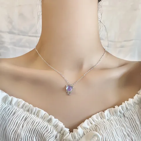 Cute Cat Moonstone Pendant Necklace For Women Copper Zirconia Inlaid Sweet Animal Kitten Clavicle Chain Jewelry Gift