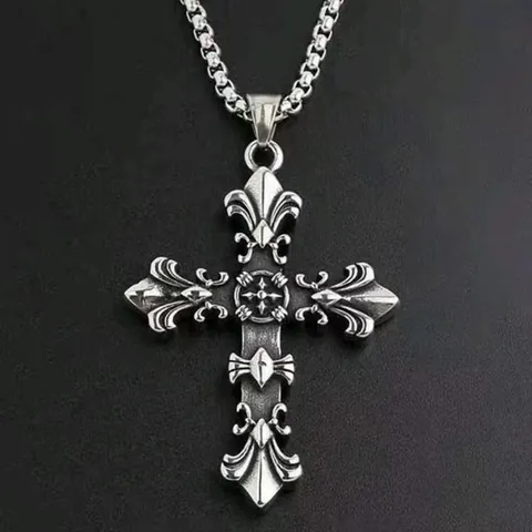 Collar con Colgante de Cruz Gótica Vintage para Hombre Aleación de Plata Antigua Patrón Flor de Lis Joyería Punk