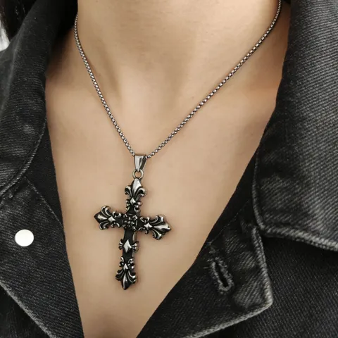 Collar con Colgante de Cruz Gótica Vintage para Hombre Aleación de Plata Antigua Patrón Flor de Lis Joyería Punk