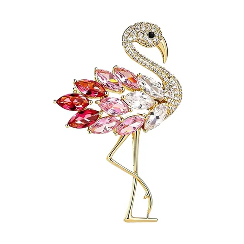 Elegant Flamingo Brooch Pink Gradient Rhinestone Crystal Animal Pin Golden Alloy Fashion Accessory For Women Wedding Party Jewelry
