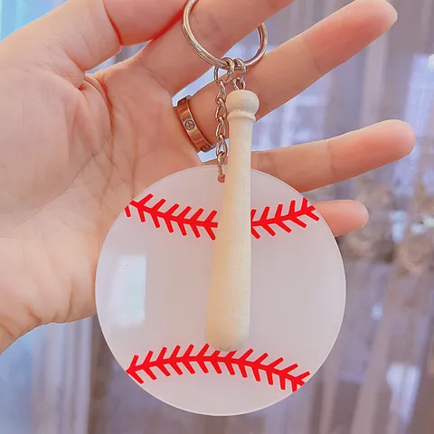 Creative Baseball Acrylic Keychain With Mini Wooden Bat Double Sided Printed Softball Pendant Sports Style Backpack Charm Gift
