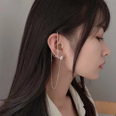 Punk Minimalistisch Koper Lange Ketting Zirconia Geïntegreerde Oorbel Ear Cuff Verzilverd Balk Oorknopje Neutraal Cool Sieraden