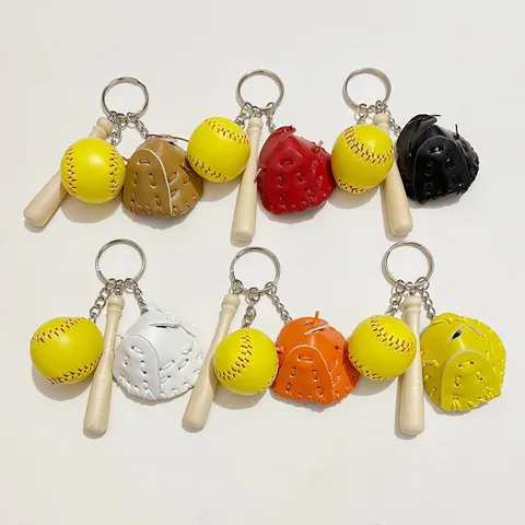 Mini Baseball Keychain Set Creative Sports PU Leather Glove Wooden Bat Charm Keychain For Bag Pendant Party Gift Sports Fans Accessories