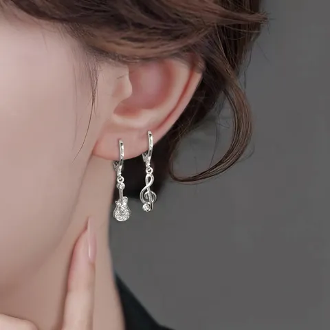 Asymmetrical Musical Note Guitar Hoop Earrings For Women Copper Zirconia Inlaid Rock Instrument Charm Dangle Earrings Fashion Jewelry