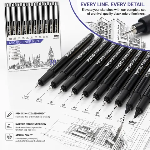 Professional Fineliner Pen Set Waterproof Black Ink Drawing Pens For Architecture Engineering Office School Supplies