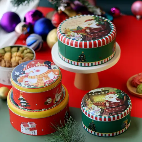 Boîte de Rangement Ronde en Fer-Blanc pour Biscuits et Bonbons de Noël Récipient Métallique Festif