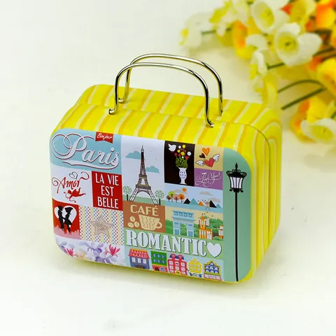Caja de Almacenamiento de Hojalata Vintage Mini Maleta Portátil Caja de Caramelos Organizador Cosmético de Metal Estuche de Regalo Decorativo